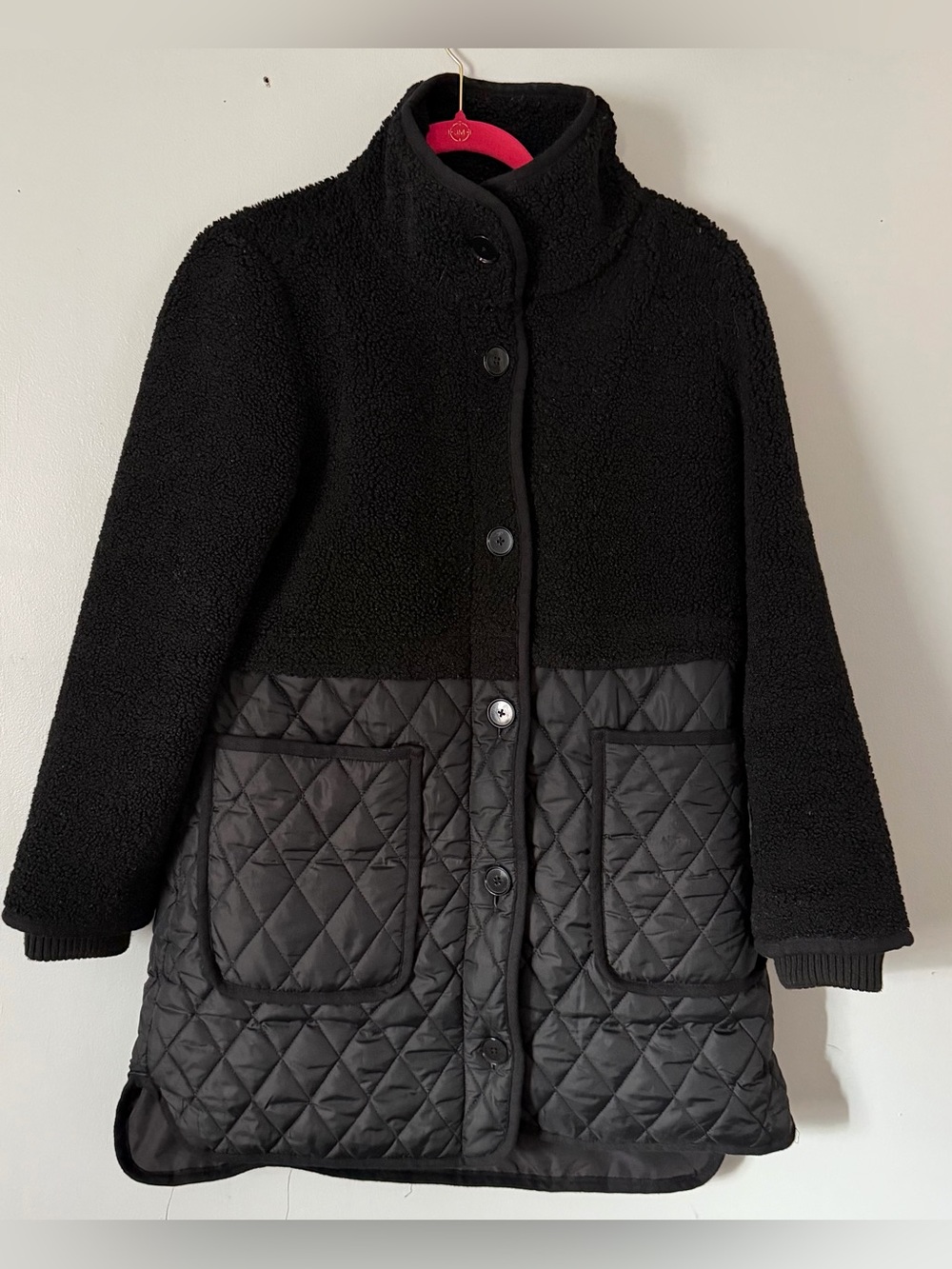 LOFT Black Quilted & Sherpa Button-Up Coat